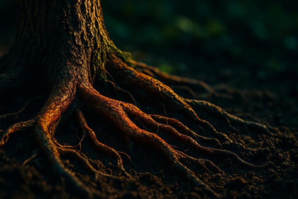 Close-up of black walnut tree roots spreading through dark soil with fallen walnuts and decomposing leaves nearby.
