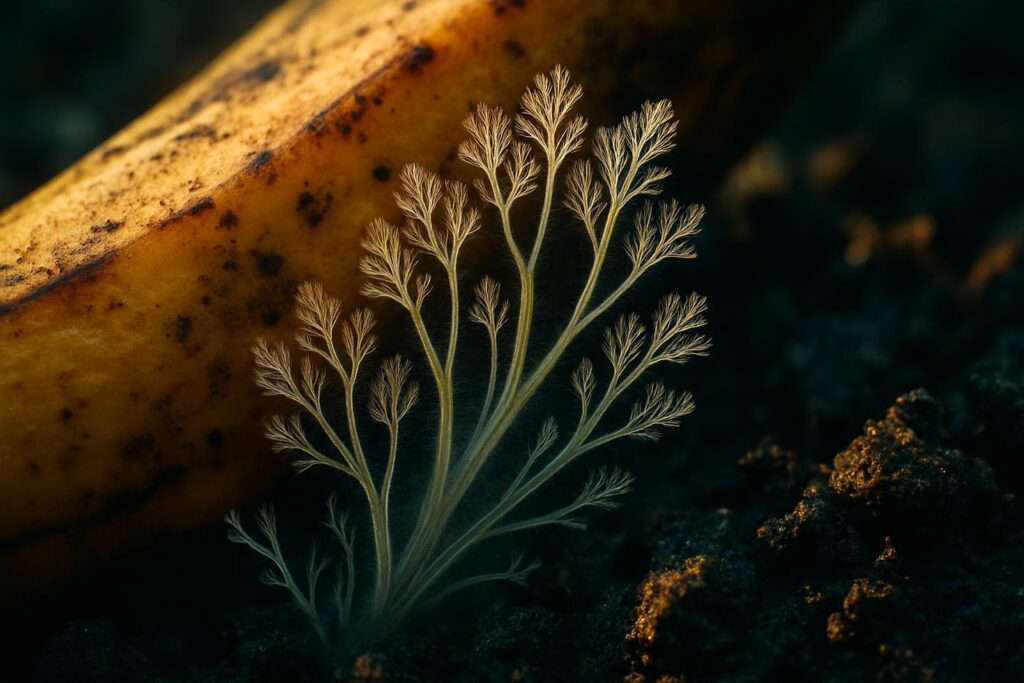 Close-up of a banana peel buried in dark garden soil surrounded by visible root threads and organic matter