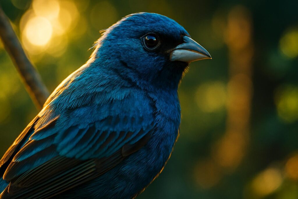 Male indigo bunting perched on a branch in bright sunlight, showing vivid blue plumage against a green background.