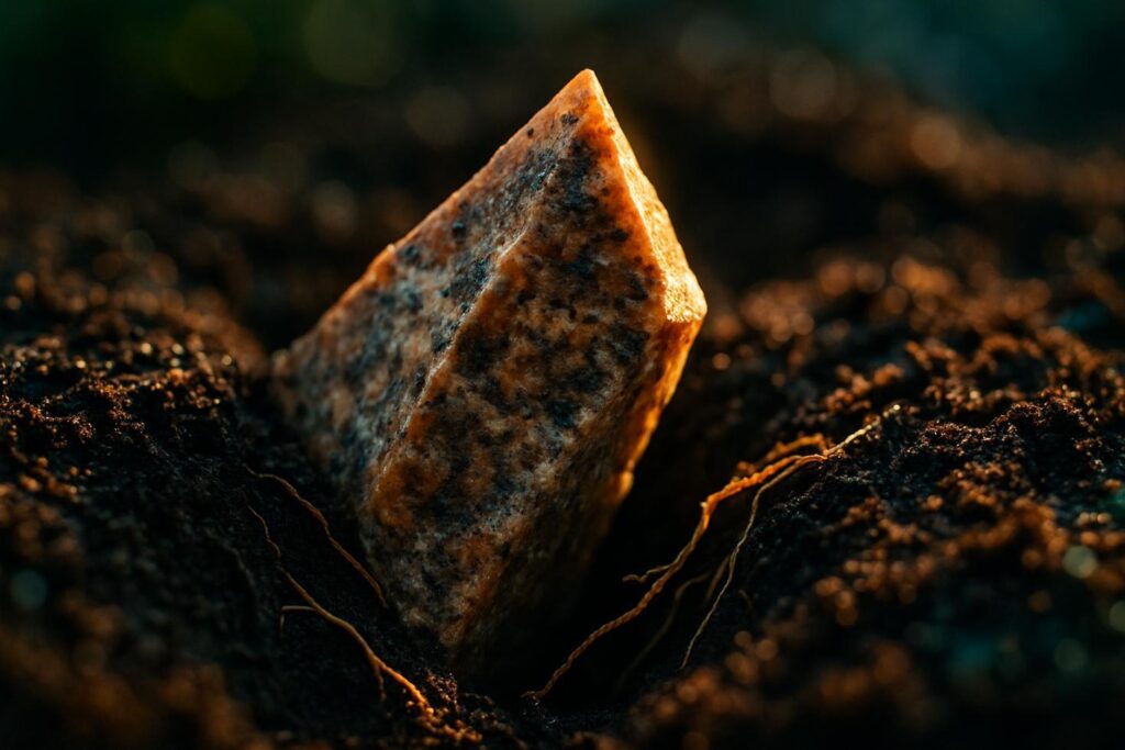 Close-up of coarse granite and flint grit particles, 1–6 mm, scattered across dark potting soil mix.