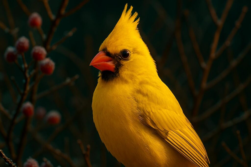 A bright yellow male northern cardinal perched on a branch, showing fully yellow plumage where red feathers would normally appear.