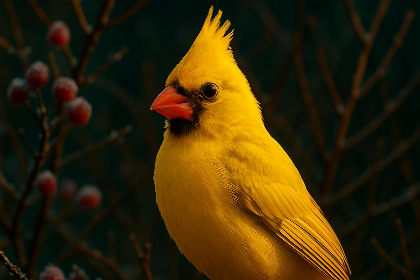A bright yellow male northern cardinal perched on a branch, showing fully yellow plumage where red feathers would normally appear.