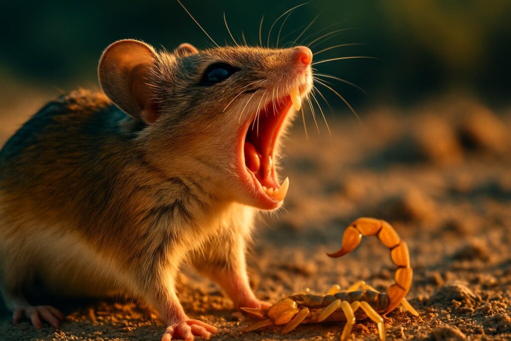 A southern grasshopper mouse stands alert on desert soil beside an Arizona bark scorpion at night.
