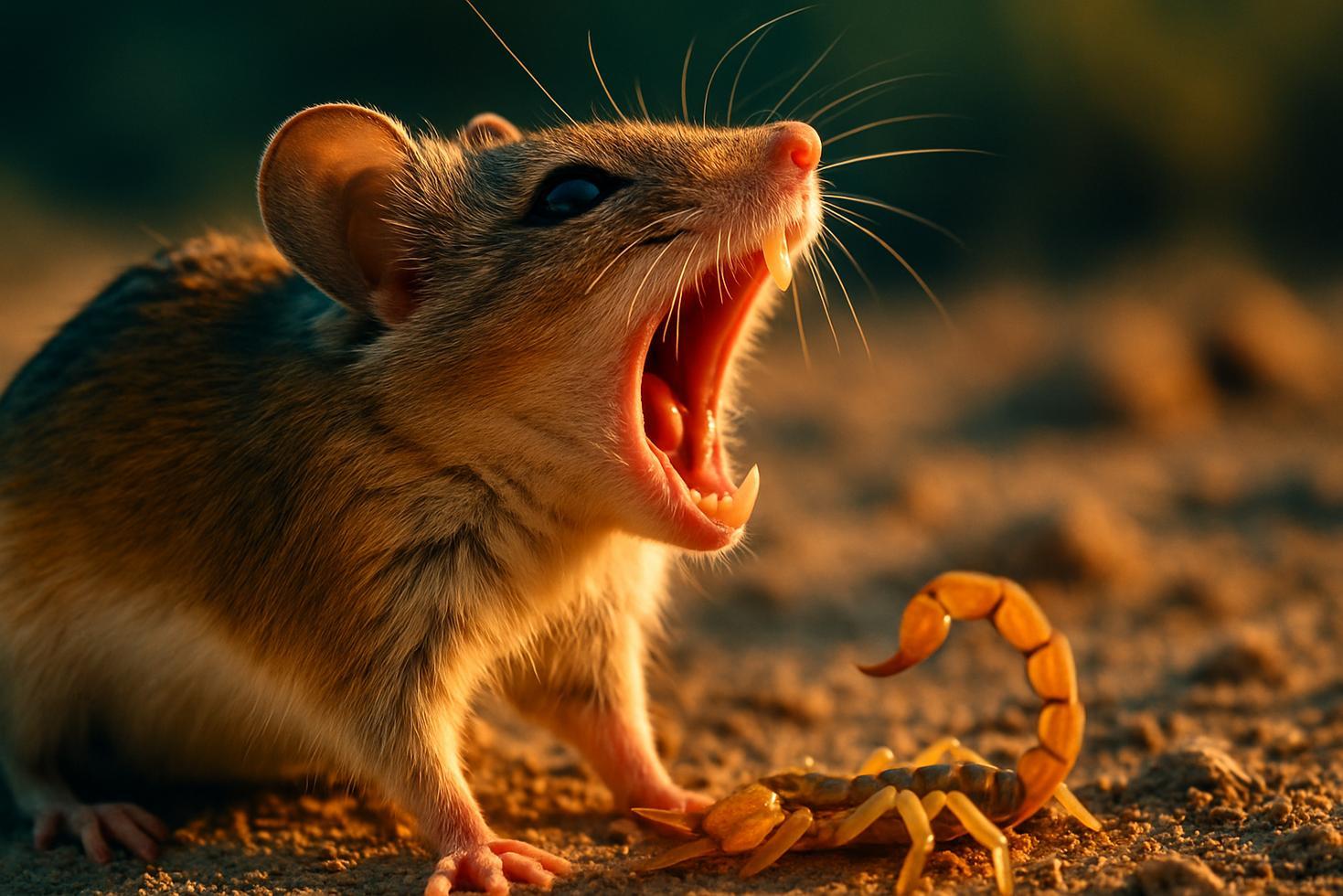 A southern grasshopper mouse stands alert on desert soil beside an Arizona bark scorpion at night.