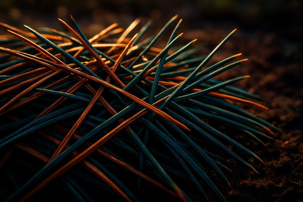 Close-up of overlapping pine needles forming a layered, interlocking mat on a forest floor with visible gaps between needles.