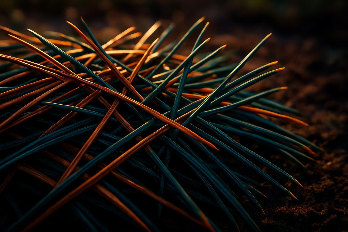 Close-up of overlapping pine needles forming a layered, interlocking mat on a forest floor with visible gaps between needles.