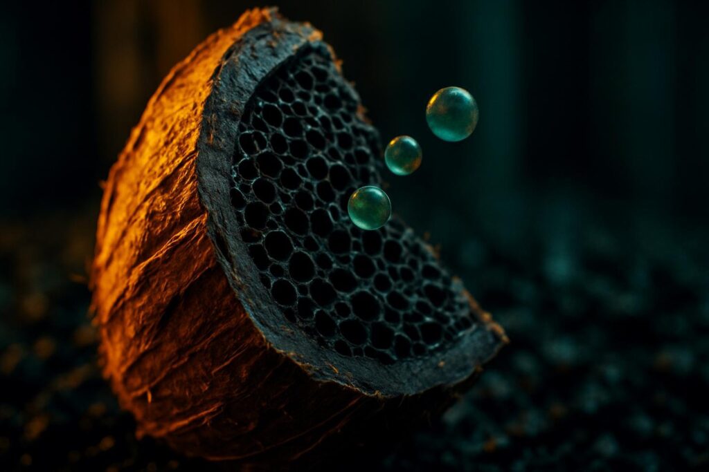 Close-up of dark granular coconut shell activated carbon poured from a glass beaker onto a white surface.