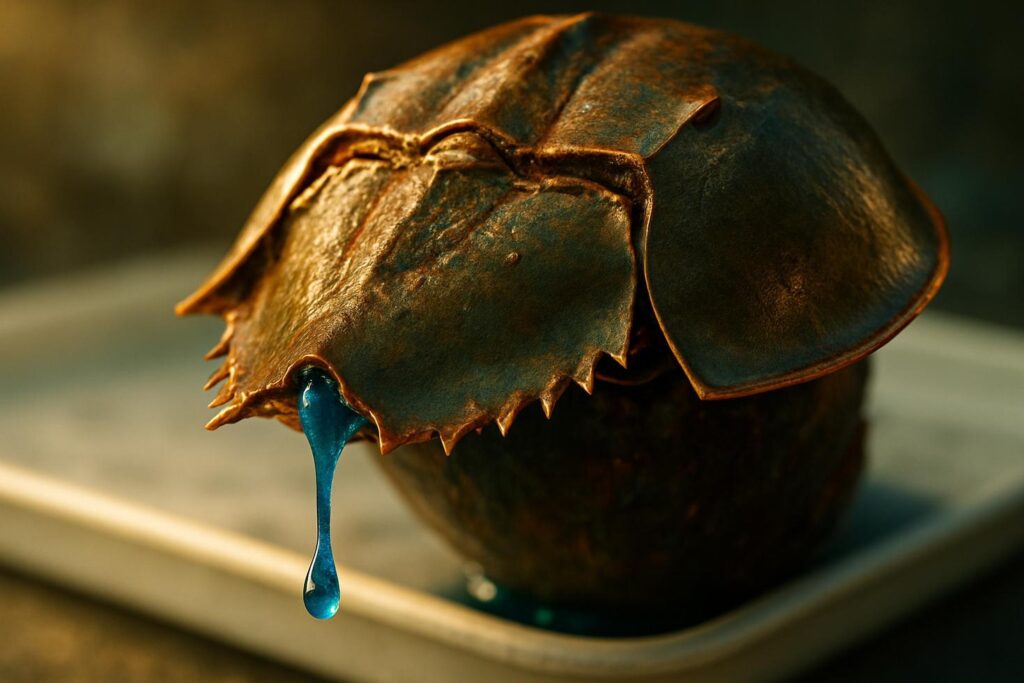 Close-up of vivid blue horseshoe crab blood being drawn into vials during a controlled laboratory harvest procedure.