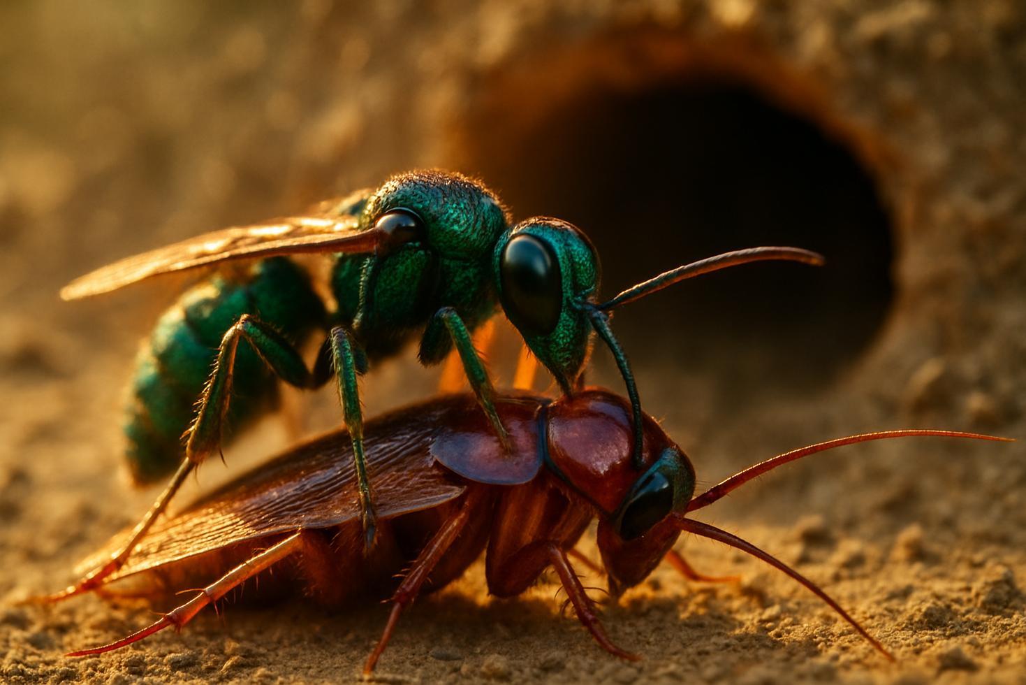 Close-up of an emerald jewel wasp gripping a cockroach and delivering a sting to the roachs head region