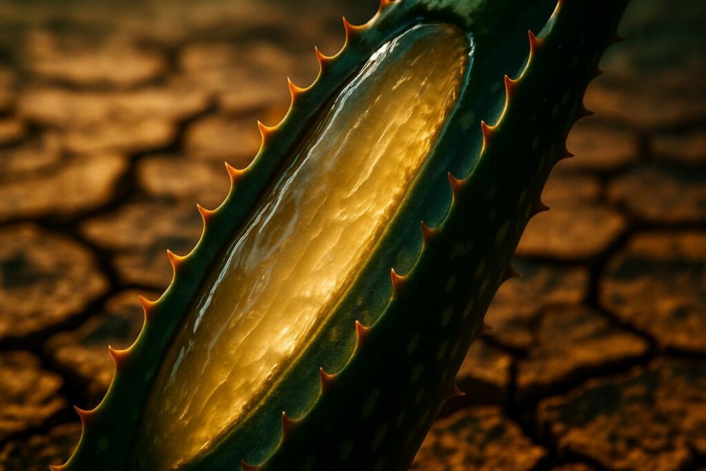 Close-up cross-section of a thick aloe vera leaf showing clear inner gel and yellow latex layer beneath the green rind.