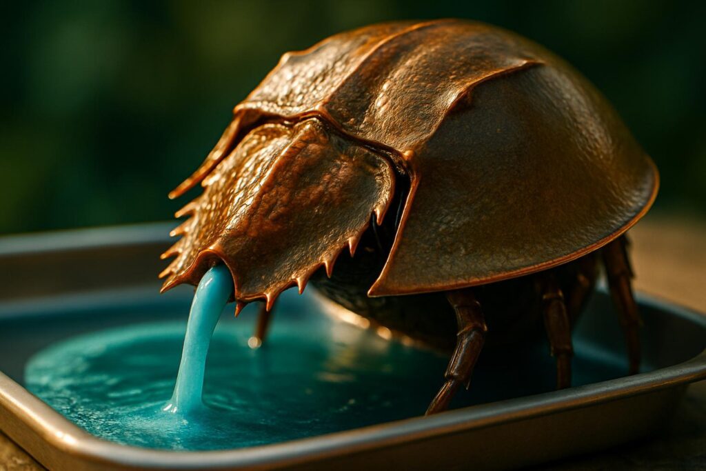 Close-up of bright blue horseshoe crab blood being drawn into vials at a biomedical harvesting facility.