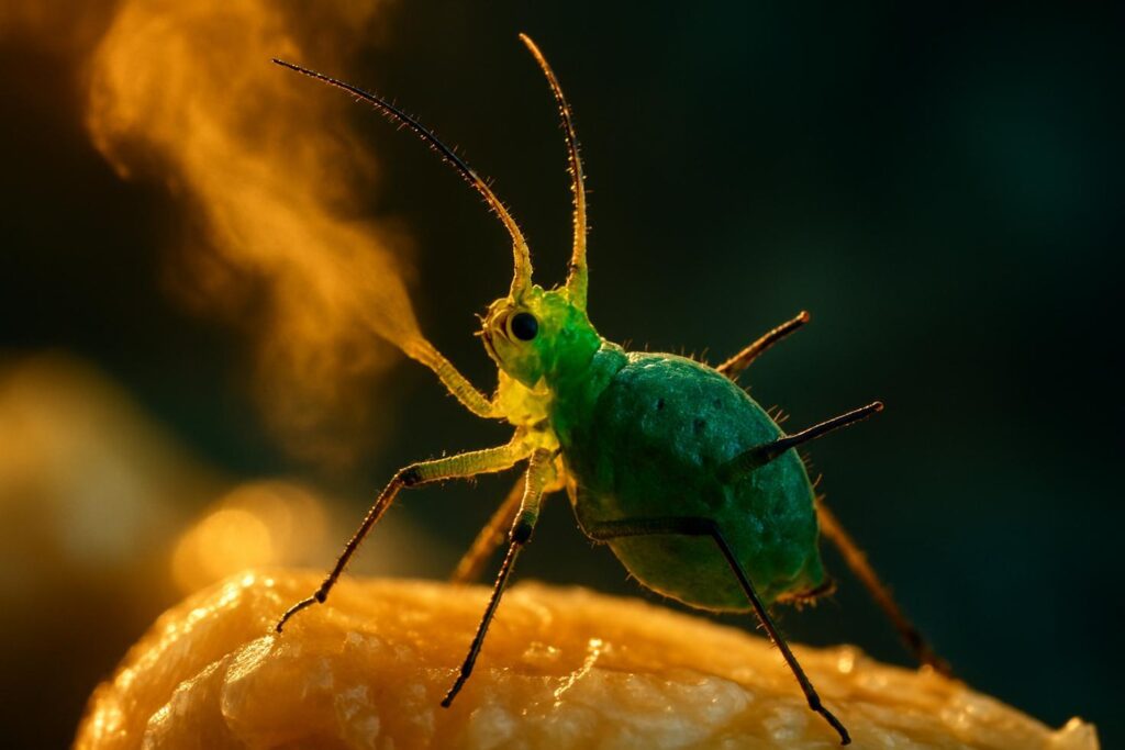 Close-up of a halved orange next to a garlic bulb on a wooden surface, with a green aphid-covered stem visible behind them.
