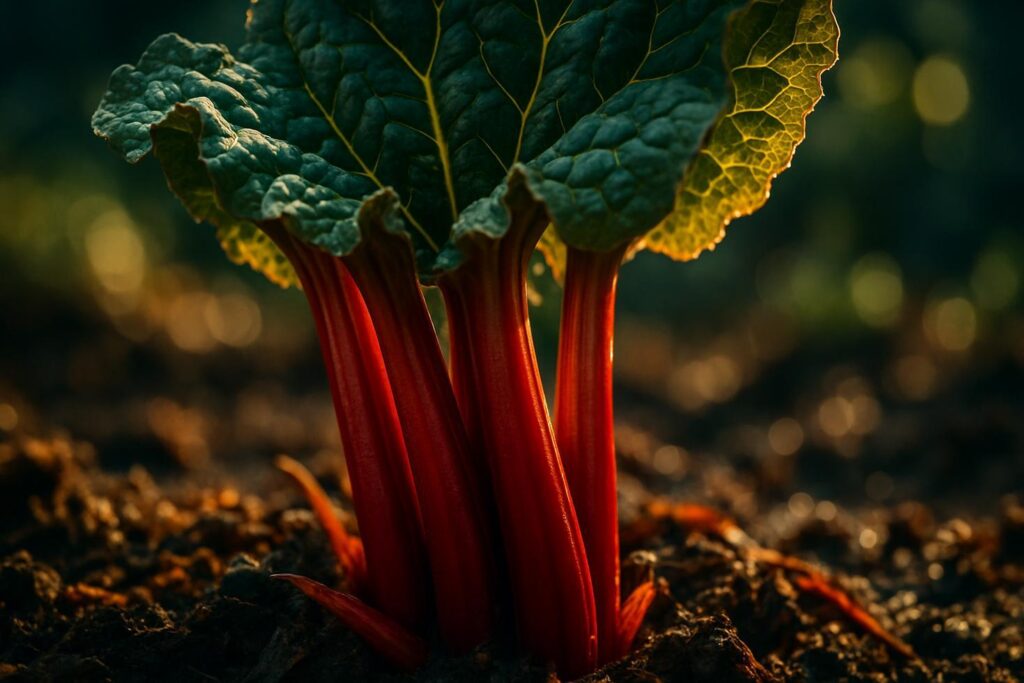 Fresh rhubarb stalks with large green leaves attached, displayed on a wooden surface in natural light.