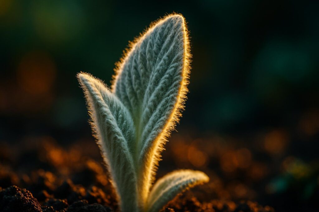 Close-up of soft, silver-gray lambs ear leaves showing dense woolly hair texture against a garden background.