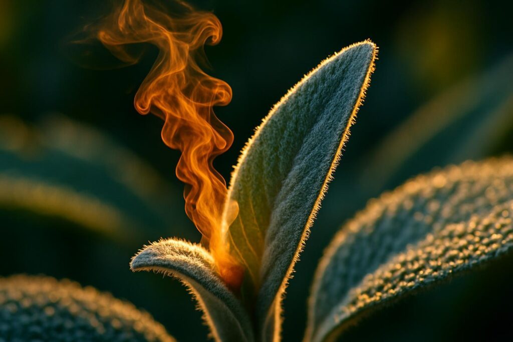 Close-up of sage leaf surface showing tiny dome-shaped glandular trichomes glistening under light against green leaf tissue.