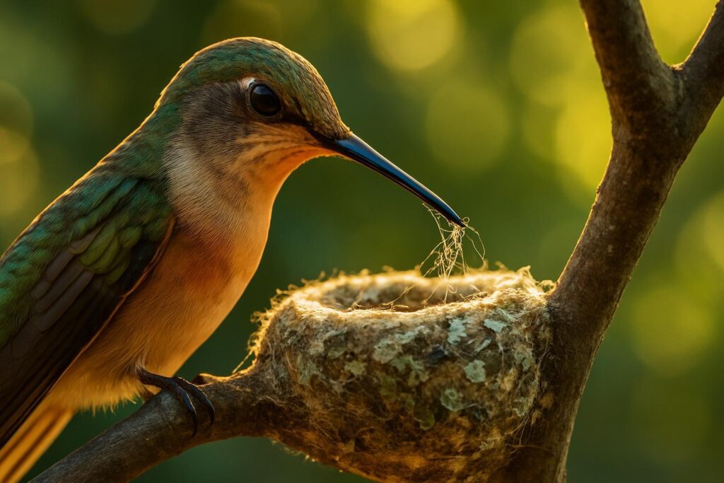 Female ruby-throated hummingbird perched on a small cup-shaped nest wrapped in spider silk on a thin branch.