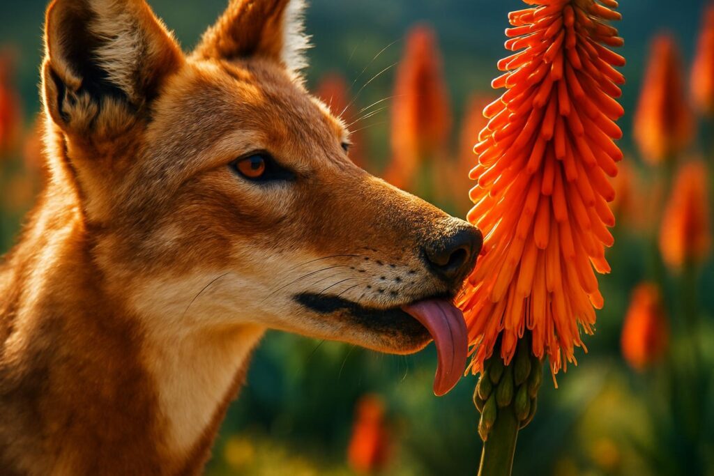 An Ethiopian wolf pressing its long muzzle into a tall red-orange Kniphofia foliosa flower stalk, yellow pollen visible on its fur.