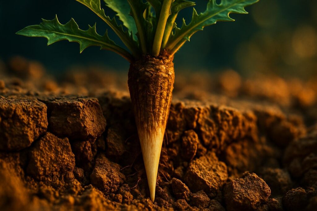 Close-up of a dandelion taproot pulled from dark soil, showing its full length alongside a ruler.