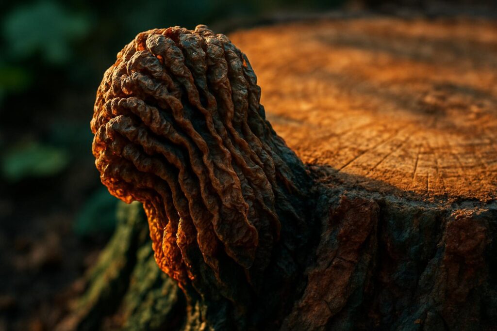 Close-up of white crystalline Epsom salt being poured into a drilled hole in a freshly cut tree stump.
