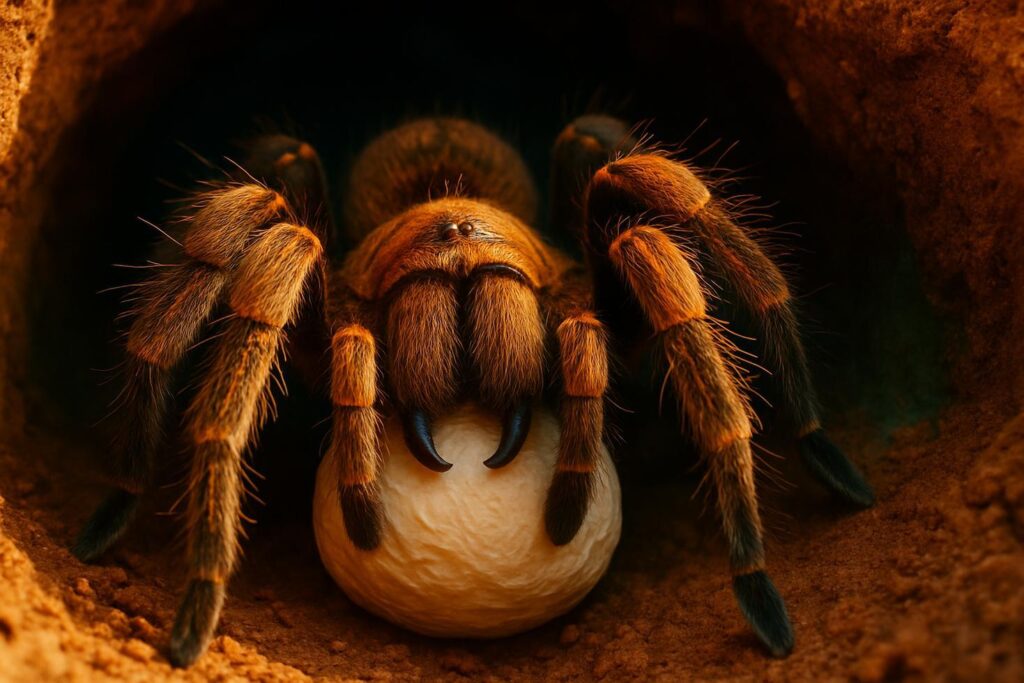 A small brown microhylid frog sits near the entrance of a dark earthen tarantula burrow in South American soil.