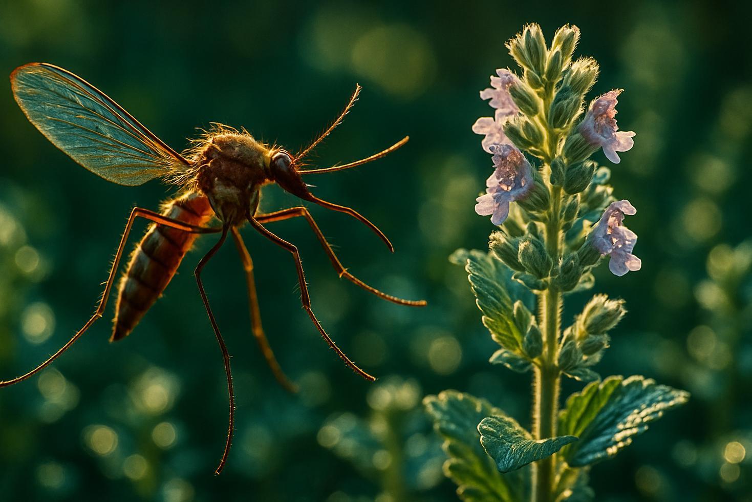 Close-up of catnip plant with small white flowers beside a diagram of a mosquito TRPA1 receptor channel