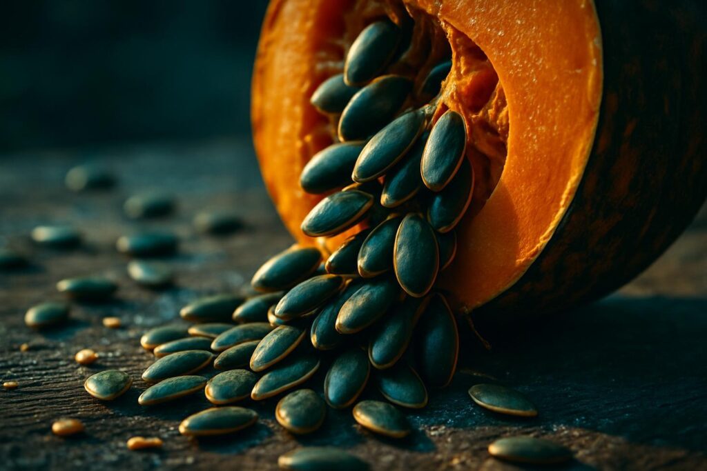 A small wooden bowl of raw hulled pumpkin seeds spilling onto a dark slate surface, photographed close-up.