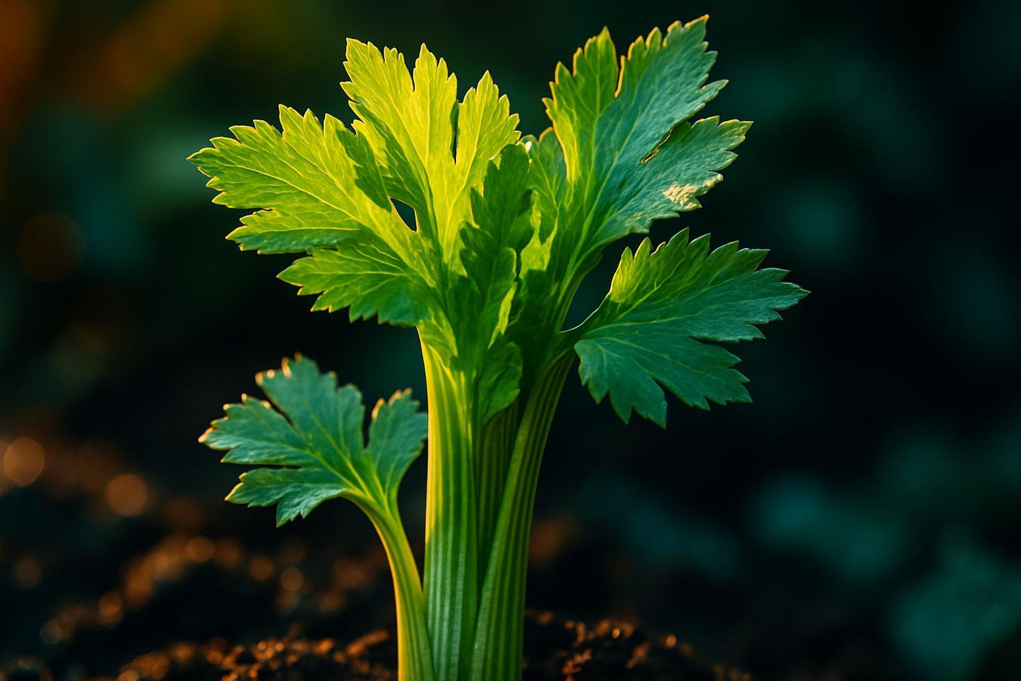 Fresh celery bunch with dark green leaves attached, displayed against a white surface showing both stalks and leafy tops.
