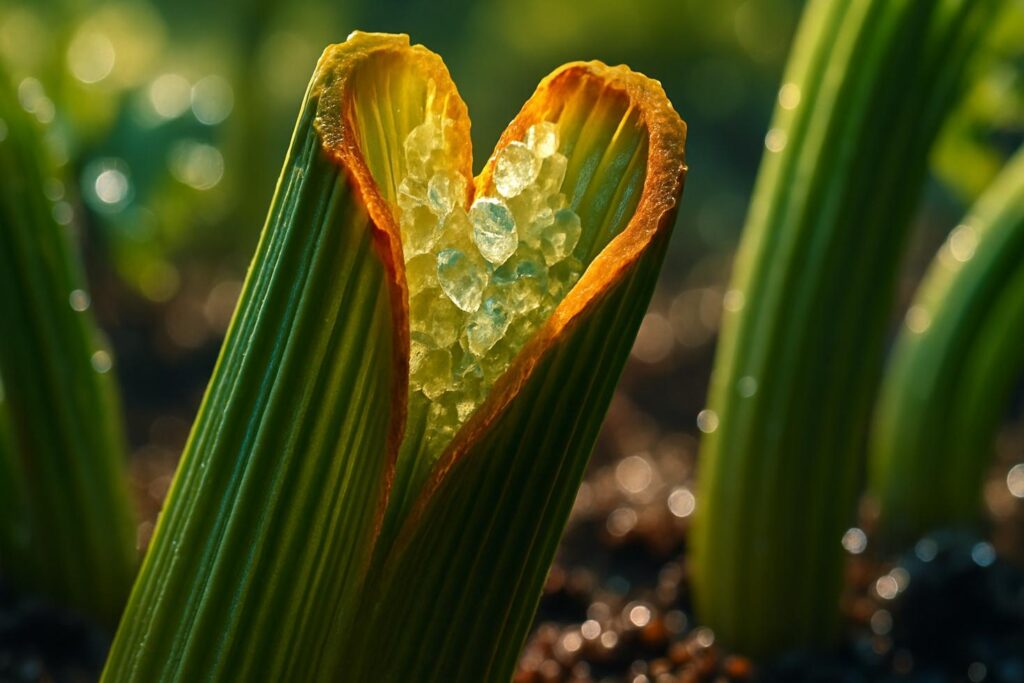 Close-up of fresh celery stalks with leaves, showing the ribbed green texture of the vegetable on a white surface.