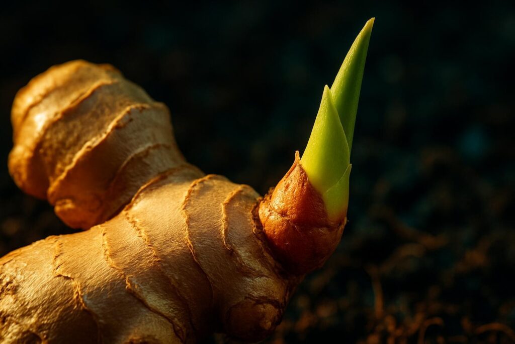 Close-up of fresh ginger rhizomes showing knobby bud eyes on firm, plump segments against a neutral background.