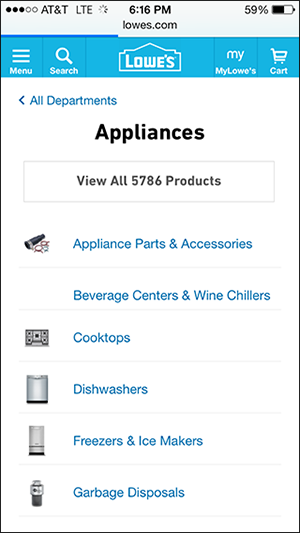 Tiny thumbnails within a list on the Lowes mobile website