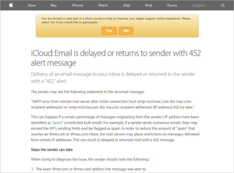 Screenshot of Apple.com email delay support page with no overlay