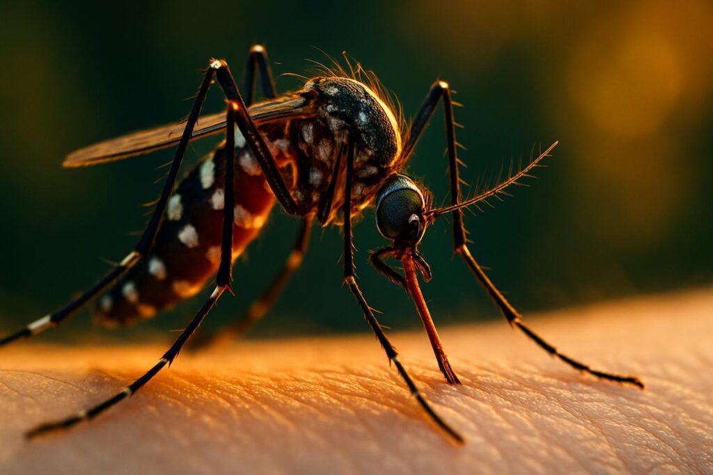 Close-up of a mosquito landing on human forearm skin, wings spread, proboscis near the surface.