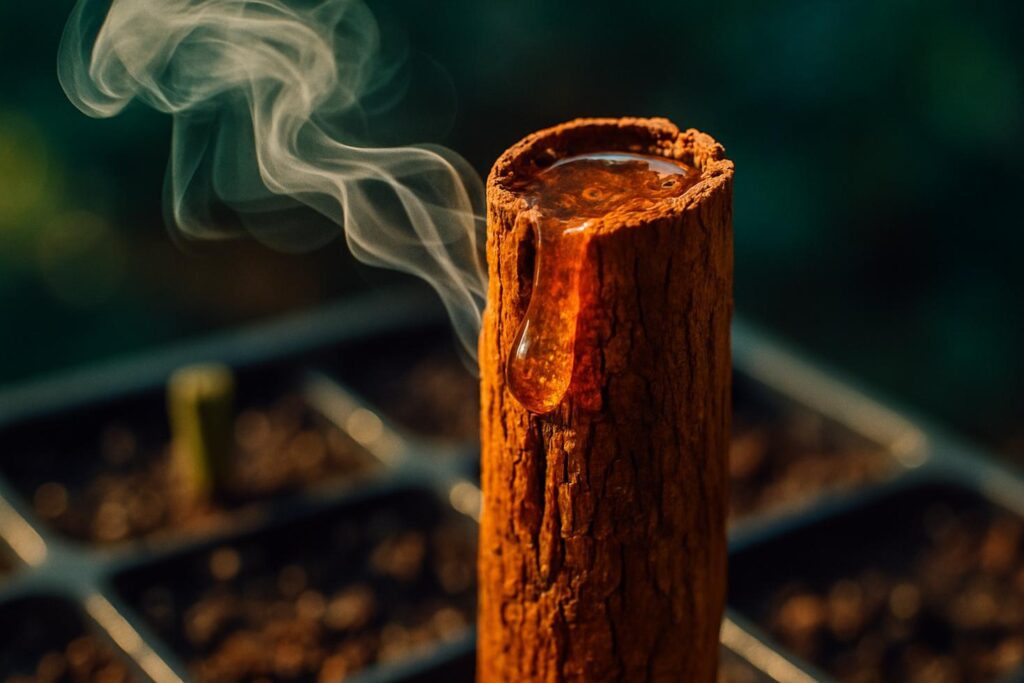 Close-up of cinnamon powder dusted on the cut end of a plant stem cutting laid on propagation medium