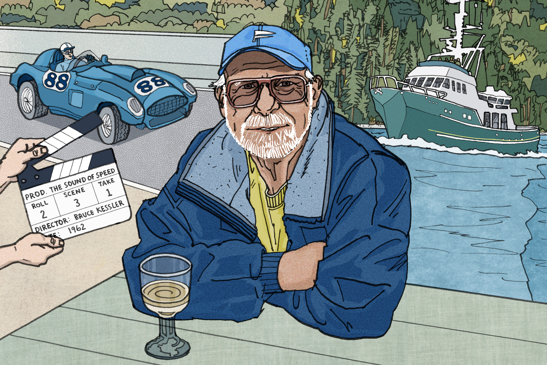 A colorful comic-style illustration celebrating the life of Bruce Kessler. At the center, an older Kessler is depicted with a grey beard, glasses, and a blue baseball cap, sitting at a table with a glass of white wine. Surrounding him are scenes from his diverse career: to his left, hands hold a movie clapperboard labeled "DIRECTOR: BRUCE KESSLER" from 1962; above it, a blue vintage racing car numbered 88 speeds down a track; and to his right, a green long-range trawler yacht cruises through calm waters against a forested background.