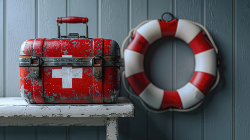First aid kit and life saver ring