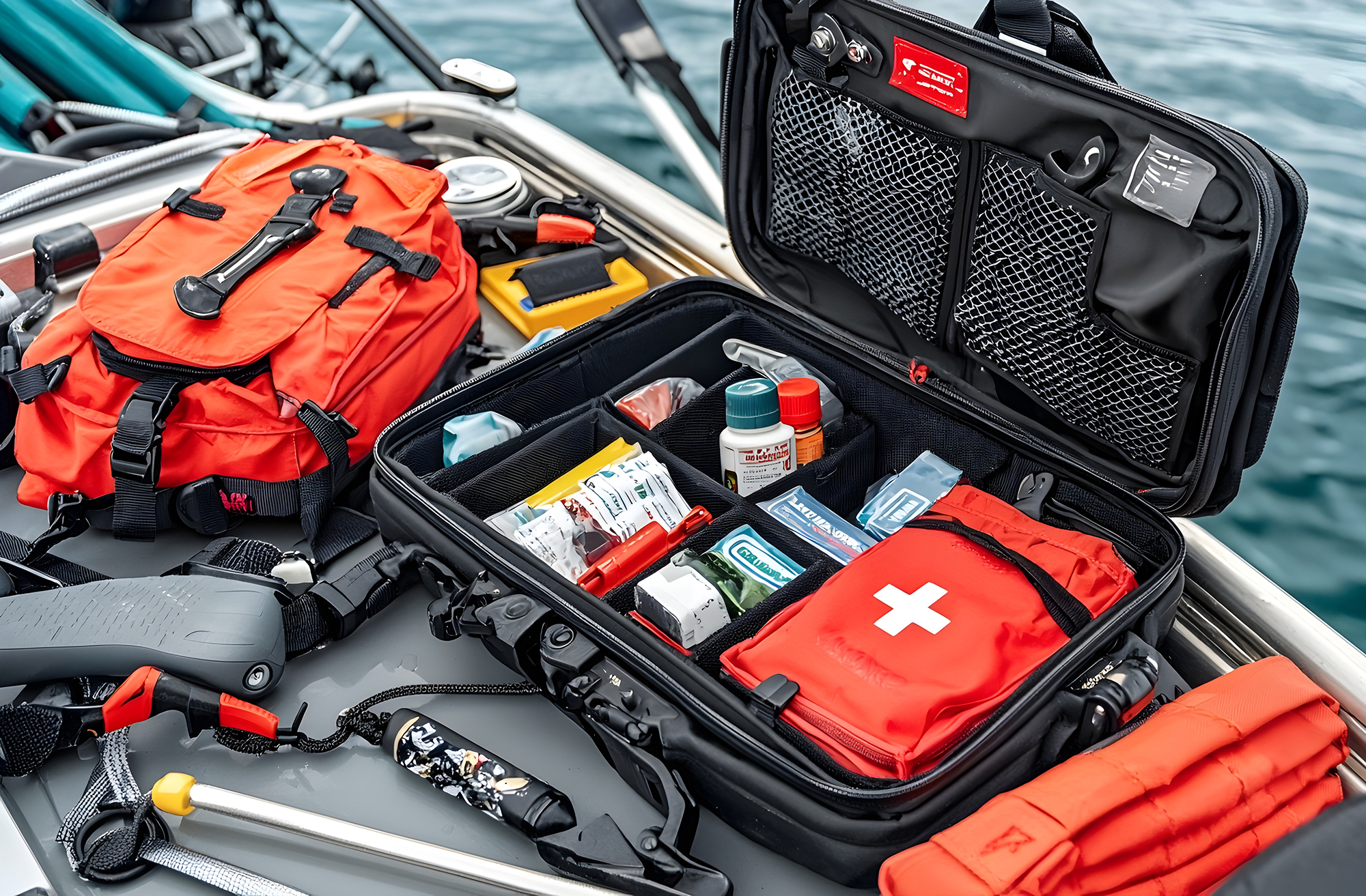Comprehensive waterproof first aid kit with open compartments on Boat first aid kit