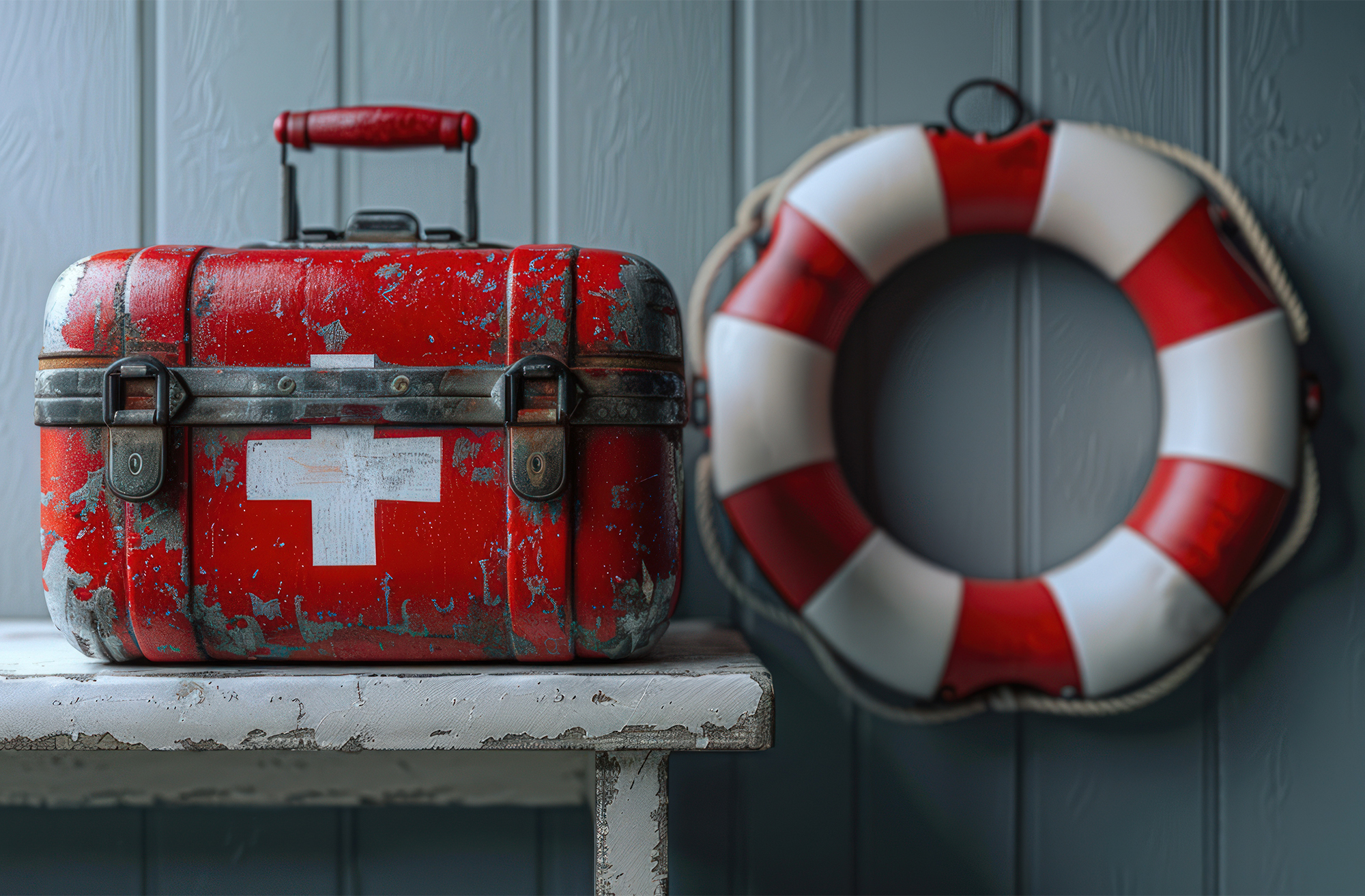 Rustic first-aid kit and life preserver on weathered bench. marine first aid kit