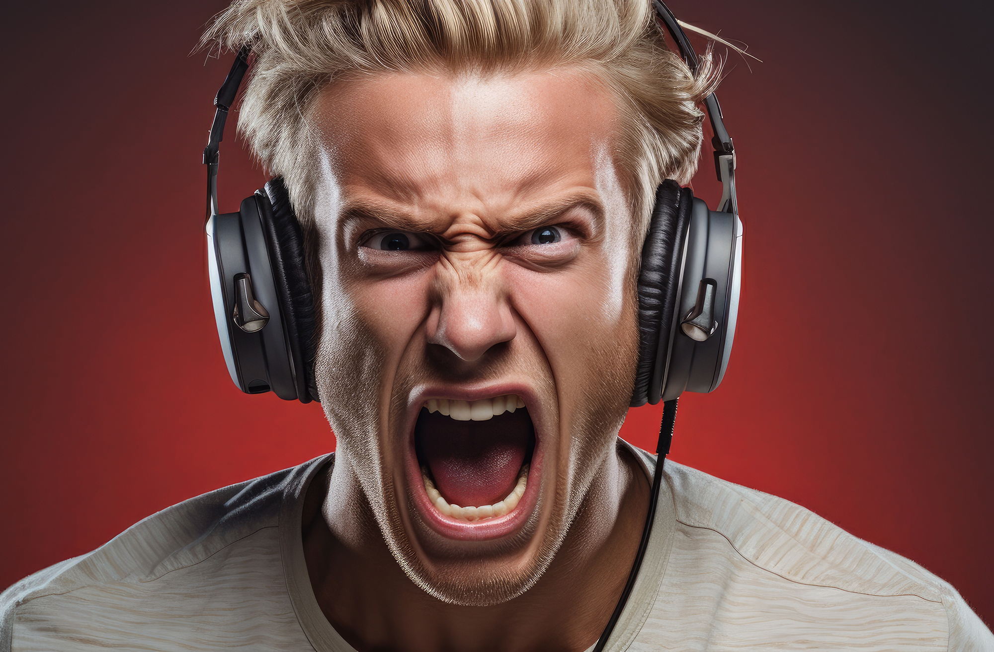 Annoyed Man Grimacing with Tongue Out and Headphones in Expressive Displeasure