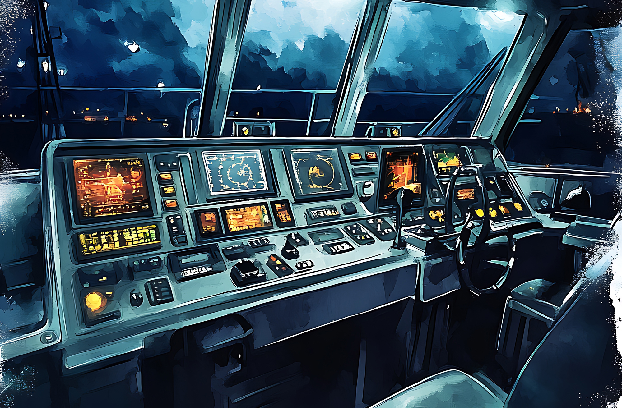 Nighttime View from the Bridge of a Ship. This illustration depicts the view from the bridge of a ship at night. The city lights are visible in the distance, and the helm and controls are visible in the foreground. The image is painted in a watercolor style.