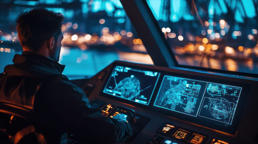 Stock image of a man at a boat's helm at night