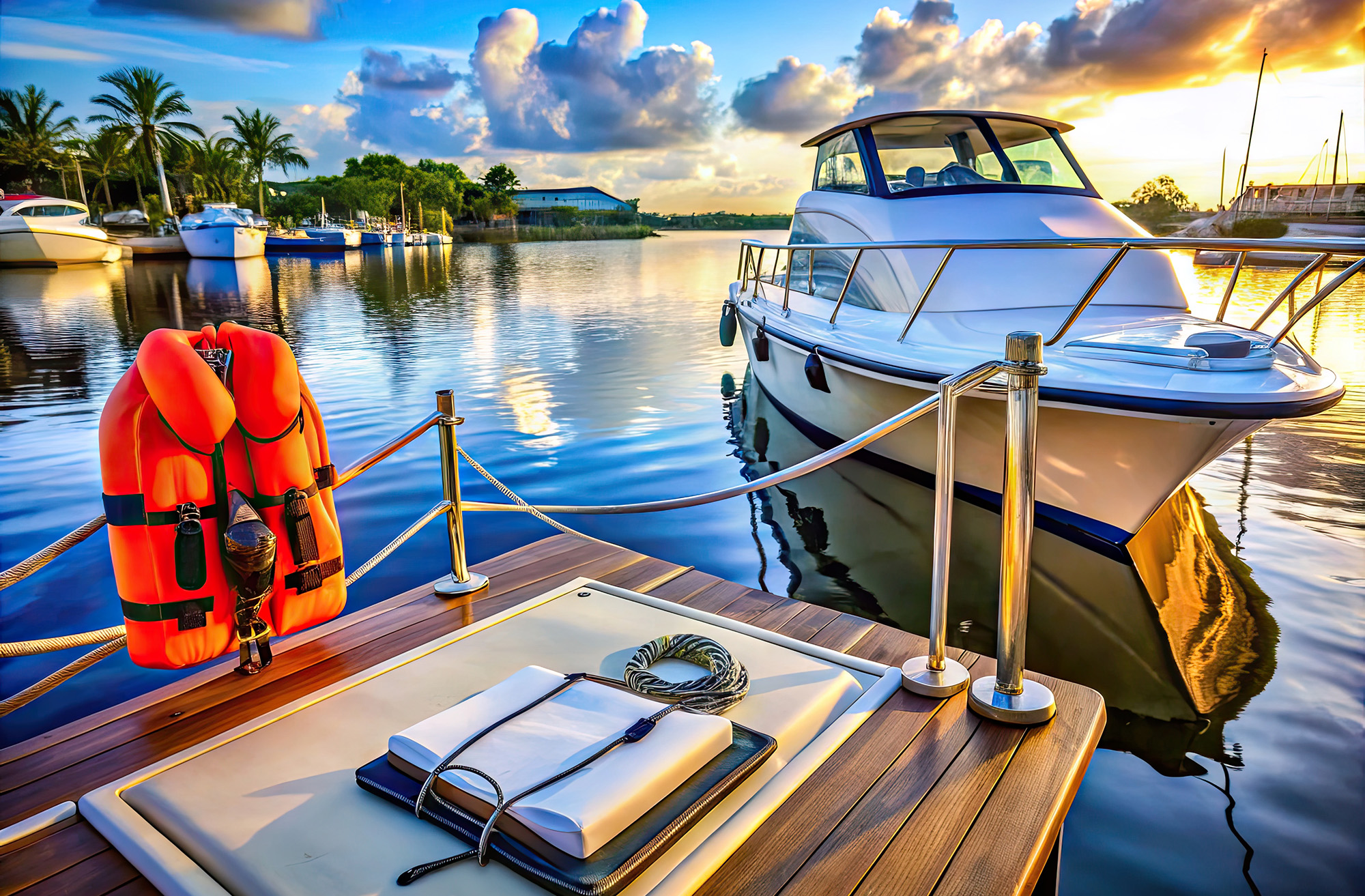A sleek boat docked in a Florida marina with a captain’s log and A sleek boat docked in a Florida marina with a captain's log and safety equipment checklist on a clipboard, surrounded by life jackets and flares.