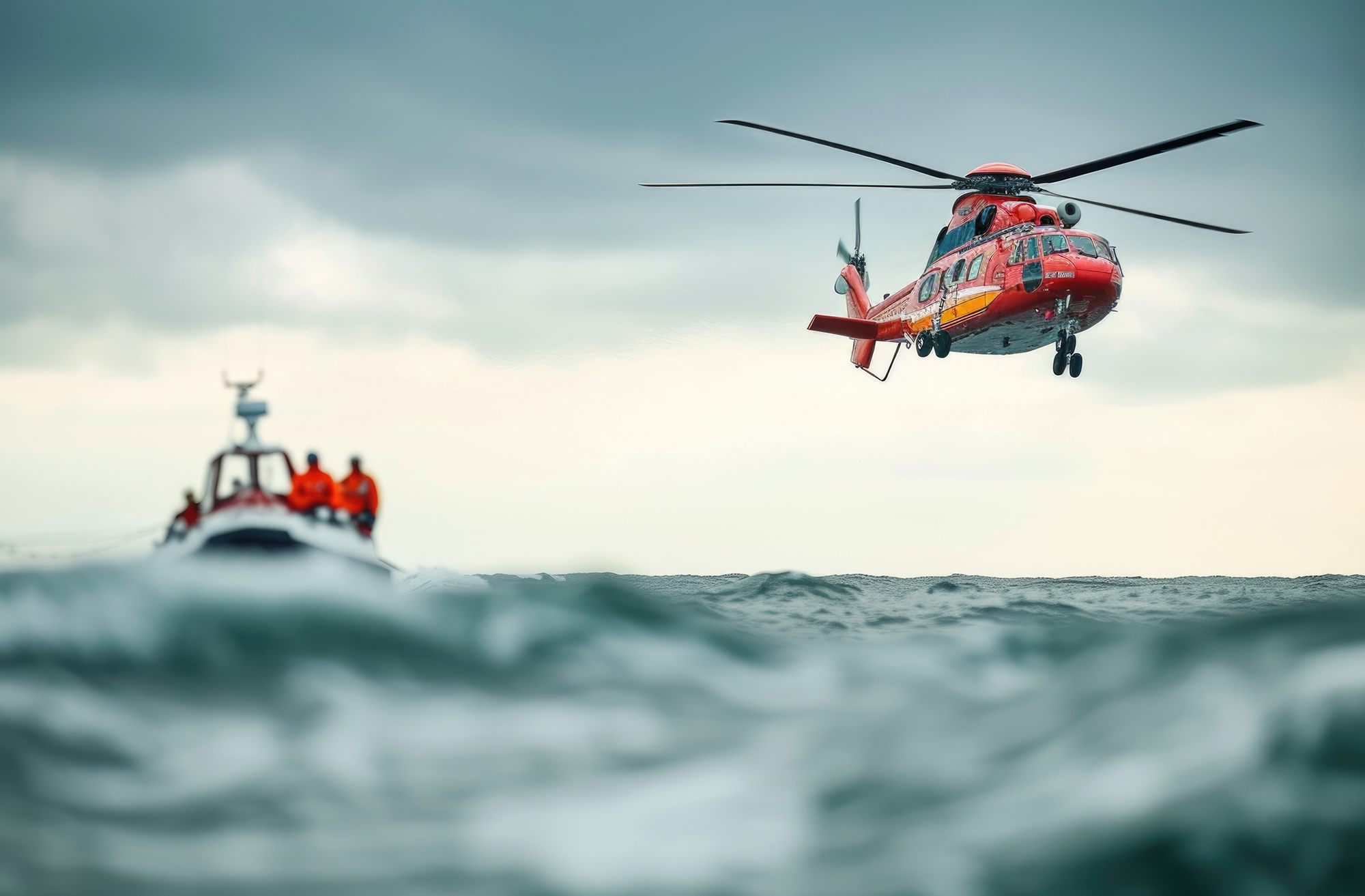A red rescue helicopter flies over a lifeboat in stormy seas, a A red rescue helicopter flies over a lifeboat in stormy seas