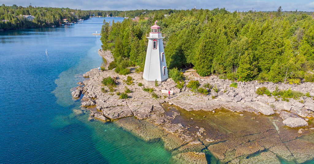 A Big Tub Lighthouse. seen from the air in Tobermory, Ontario, Canada