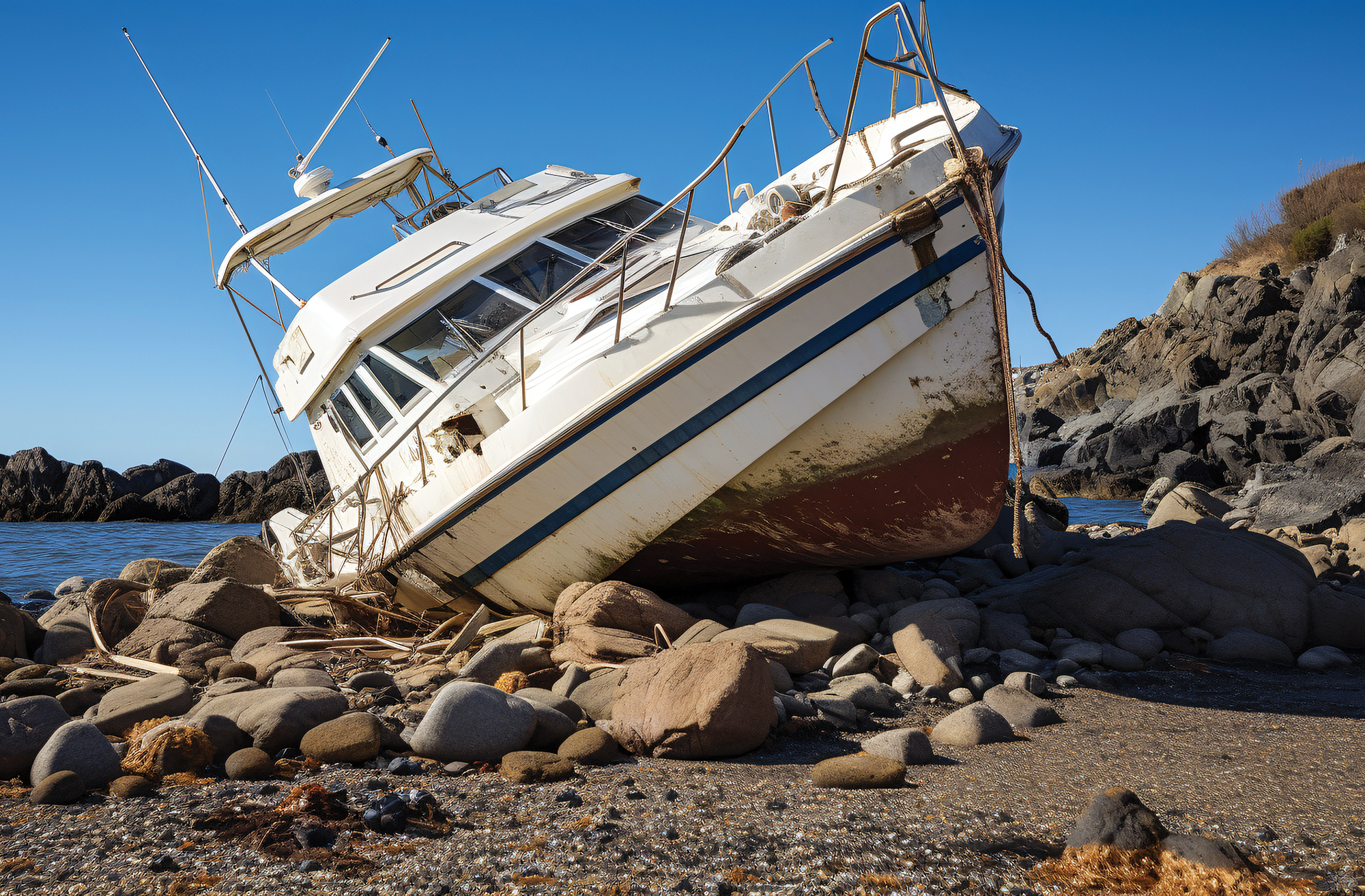 A high-definition picture of a leisure boat stuck on coastal rocks following an accident.