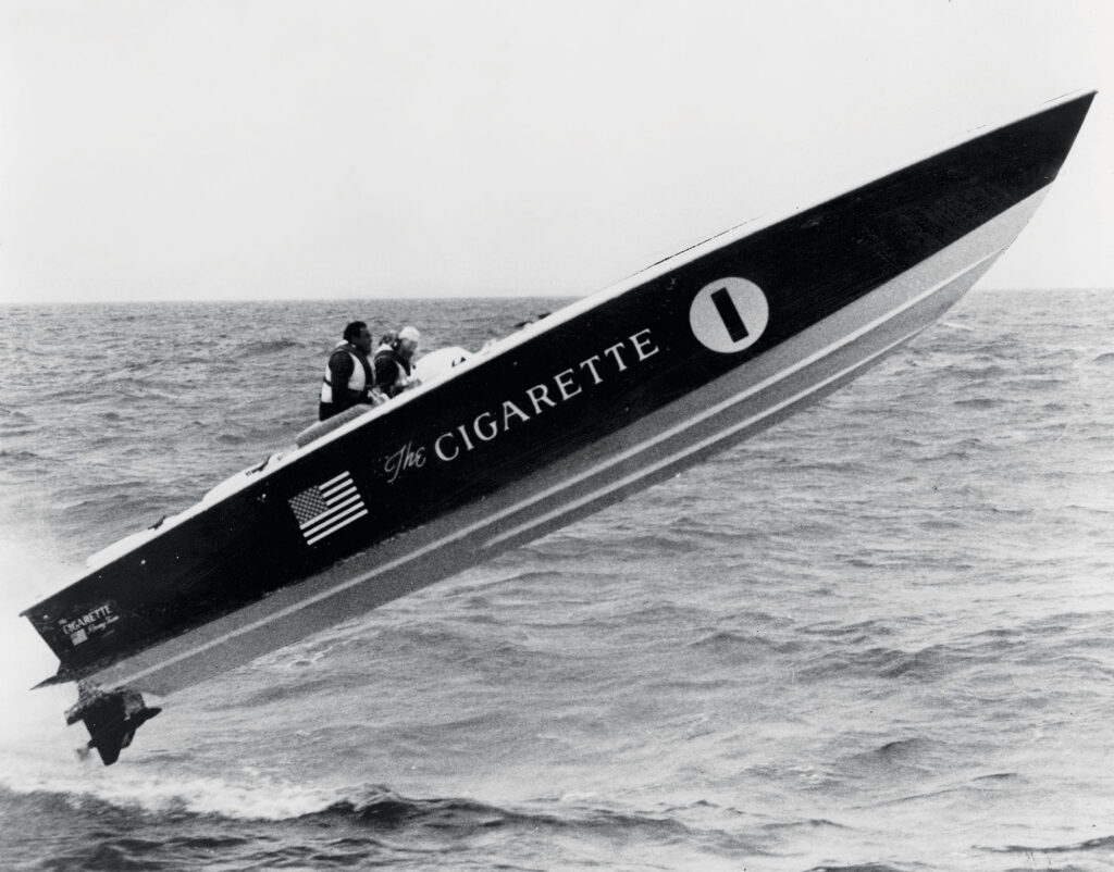 A Cigarette boat speeding in the air