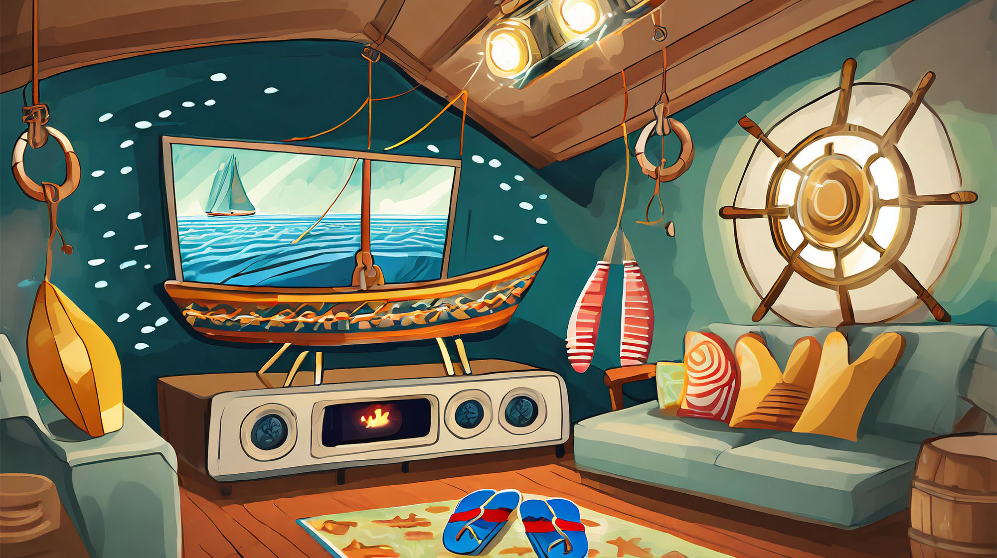 prm1-Firefly Illstration of a boat with a large-screen TV, a multi-burner stove, flip flops, a spotlight, (2)