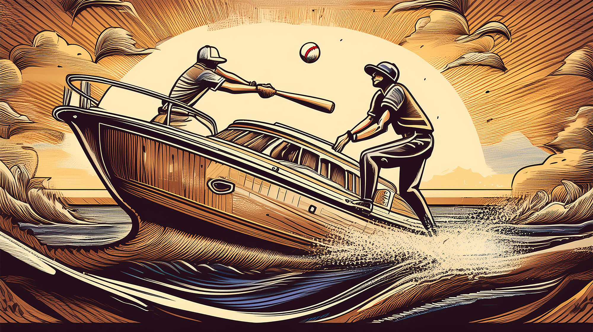prm_Firefly playing baseball on a motoryacht in a wood-cut style 61823 prm_Firefly playing baseball on a motoryacht in a wood-cut style 61823