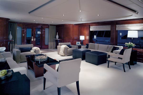 Christensen says this main saloon furniture arrangement is a first for one of its yachts. Usually, the builder has a cabinet separating the port and starboard seating areas.