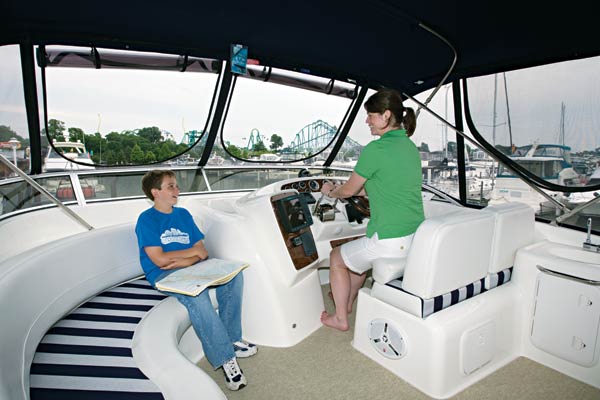 The Meridian 411 has a spacious flying bridge, clean sightlines, a comfortable interior, and is easy to get around. She sleeps six people and is ideal for a long weekend cruise.