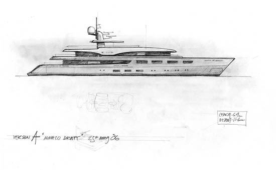 Renderings and sketches courtesy of Benetti and RWDAn early sketch shows a raked bow as a possibility.